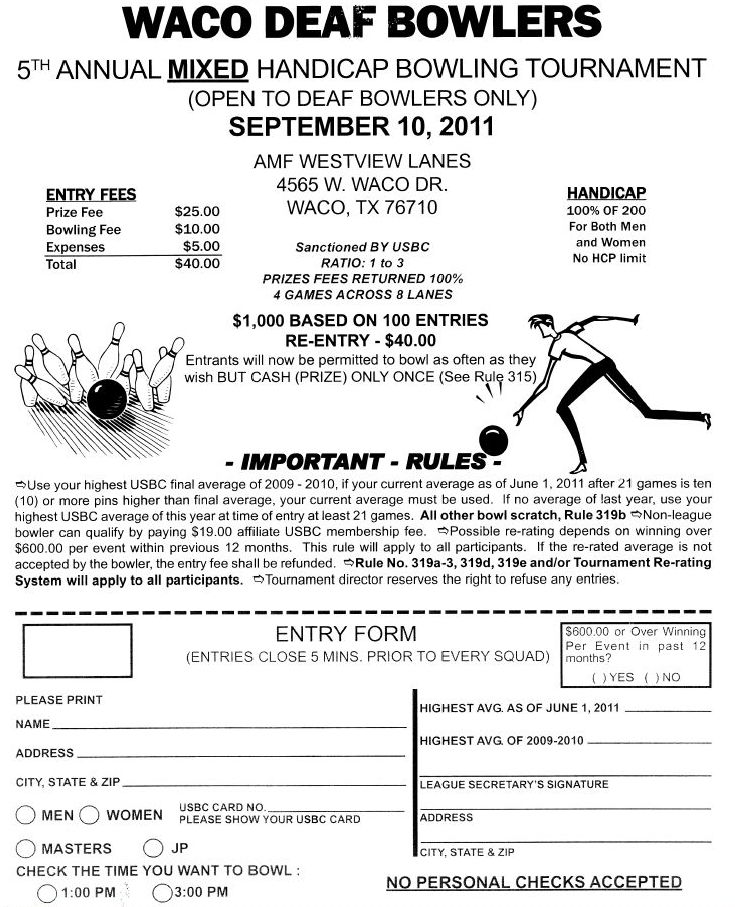 Mixed Handicap Bowling Tournament 9/10/11 Waco Deaf Network of Texas