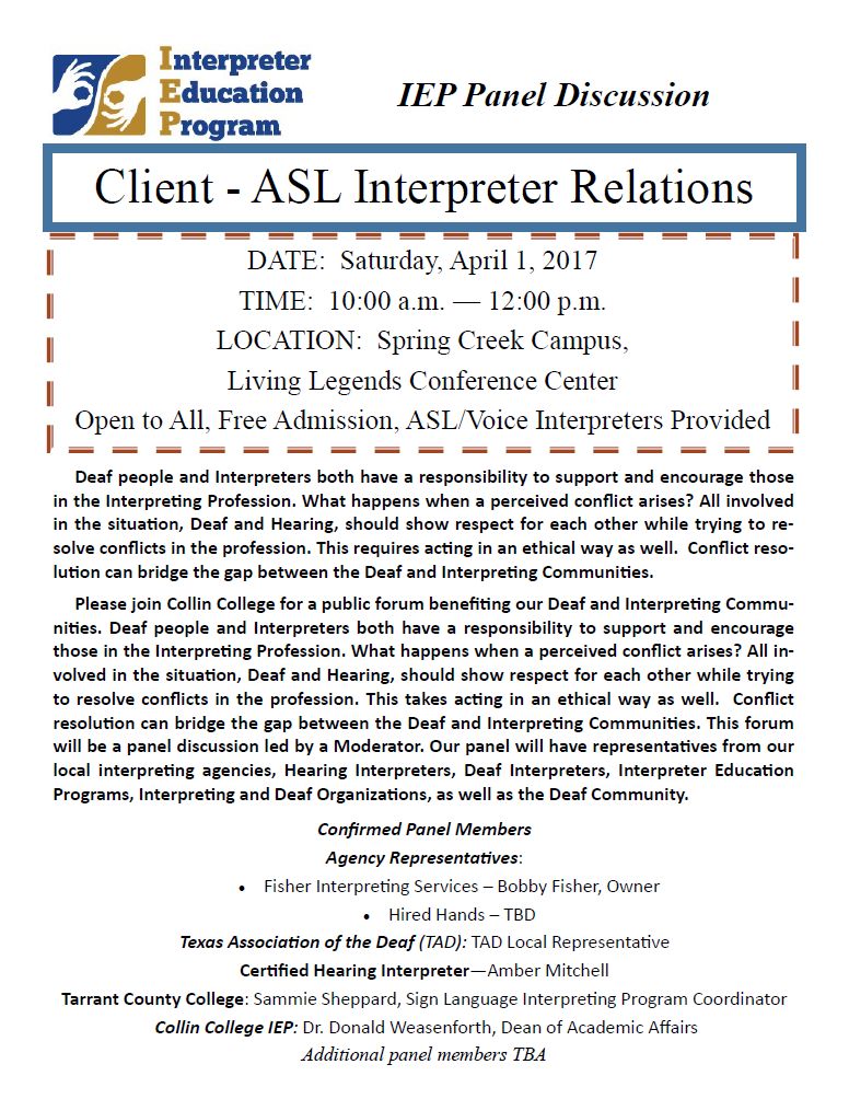 Client – ASL Interpreter Relations 4/1/17 – DFW – Deaf Network of Texas
