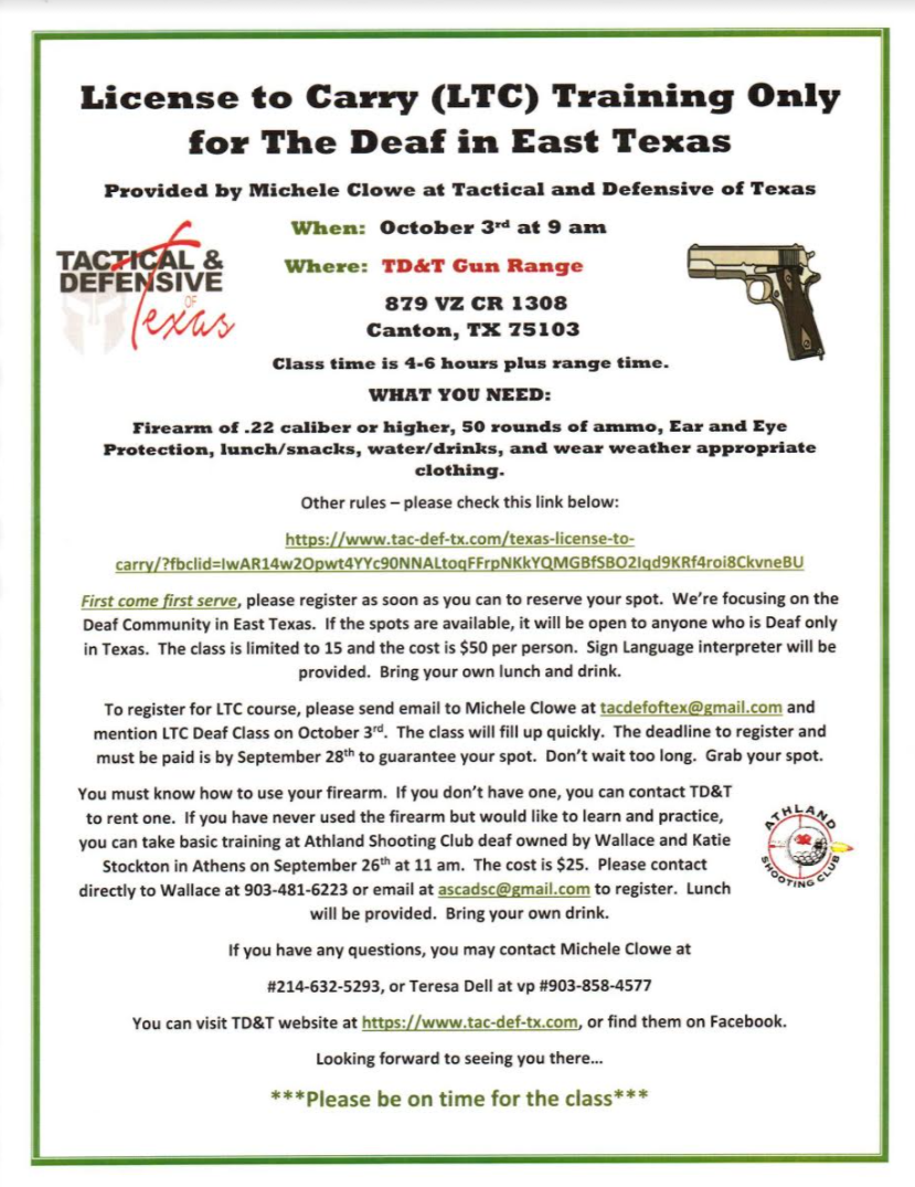 License to Carry (LTC) Training Only for The Deaf in East Texas 10/3