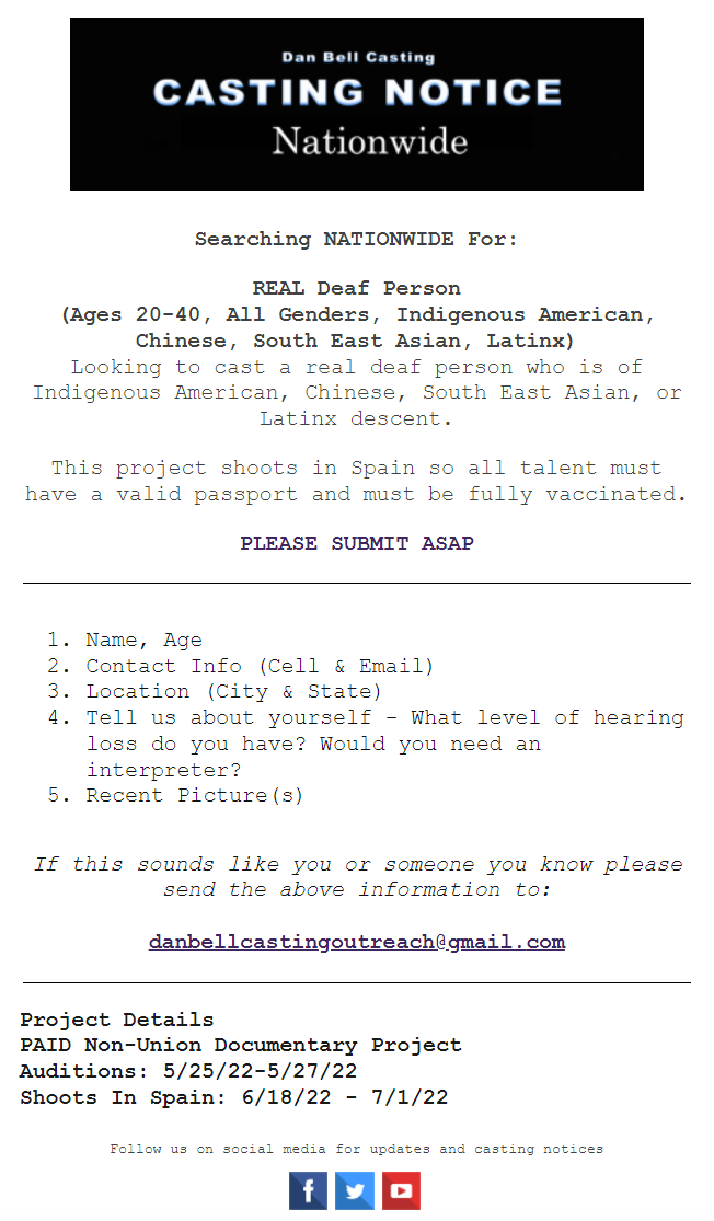 CASTING NOTICE REAL Deaf Person Apply ASAP! Deaf Network of Texas