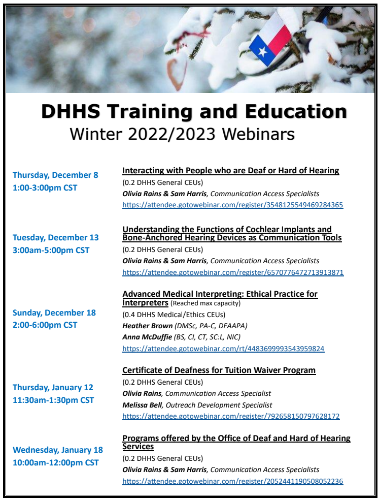 DHHS Training and Education Winter 2022/2023 Webinars Deaf Network of