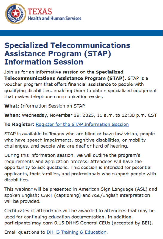 Stap Program WEBINAR: STAP Information Session 101 11/19/2025 – Deaf Network of Texas